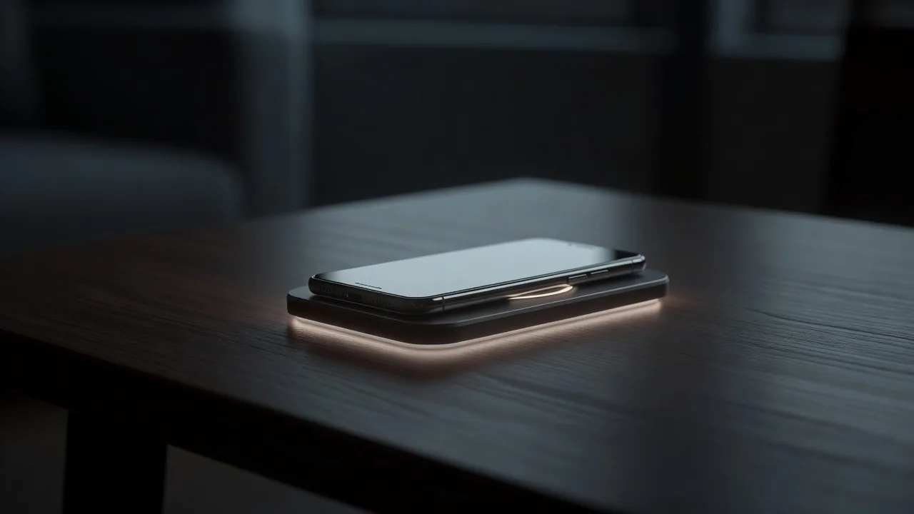 Smartfon leżący na ładowarce bezprzewodowej na stole