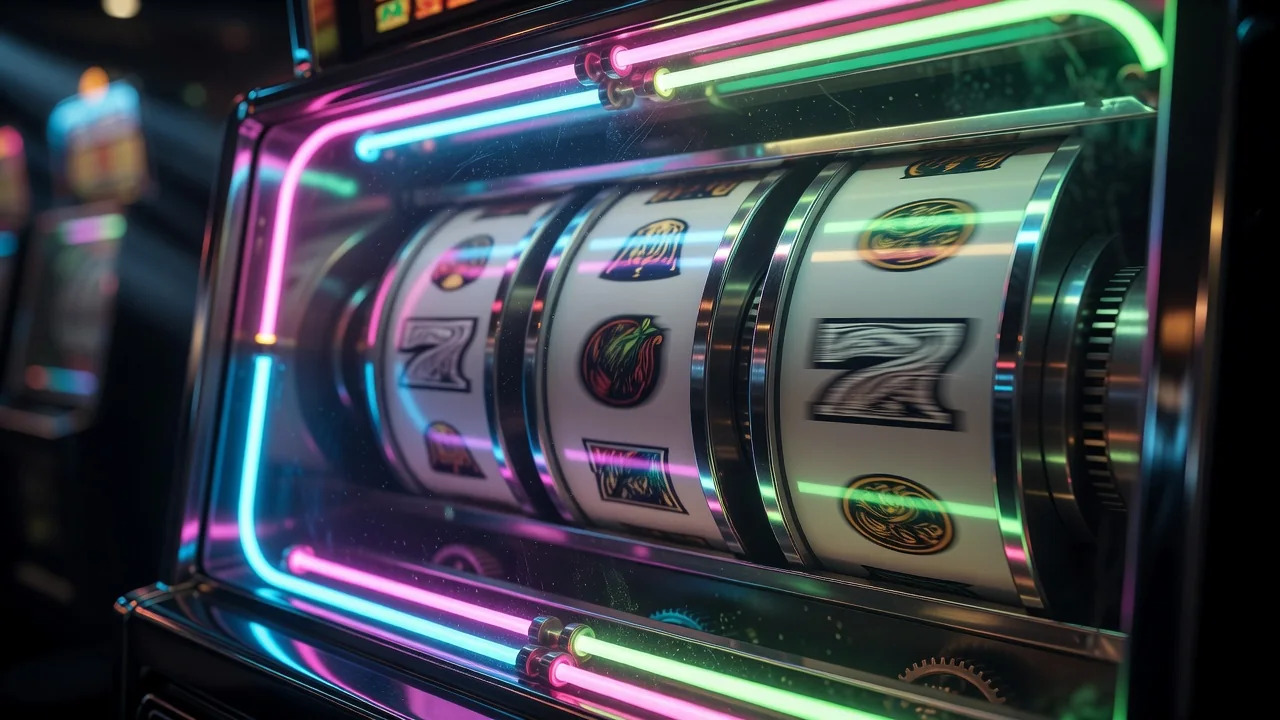 Bębny automatu do gry w makro ujęciu w neonowym świetle