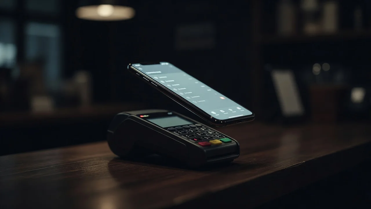 Smartfon zbliżony do terminala płatniczego na ladzie