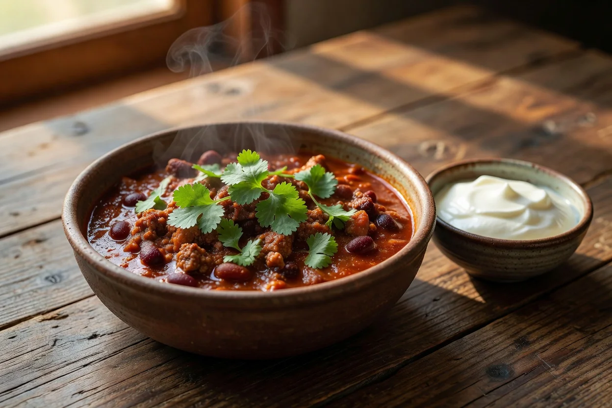 Chili con carne z jogurtem greckim i świeżą kolendrą