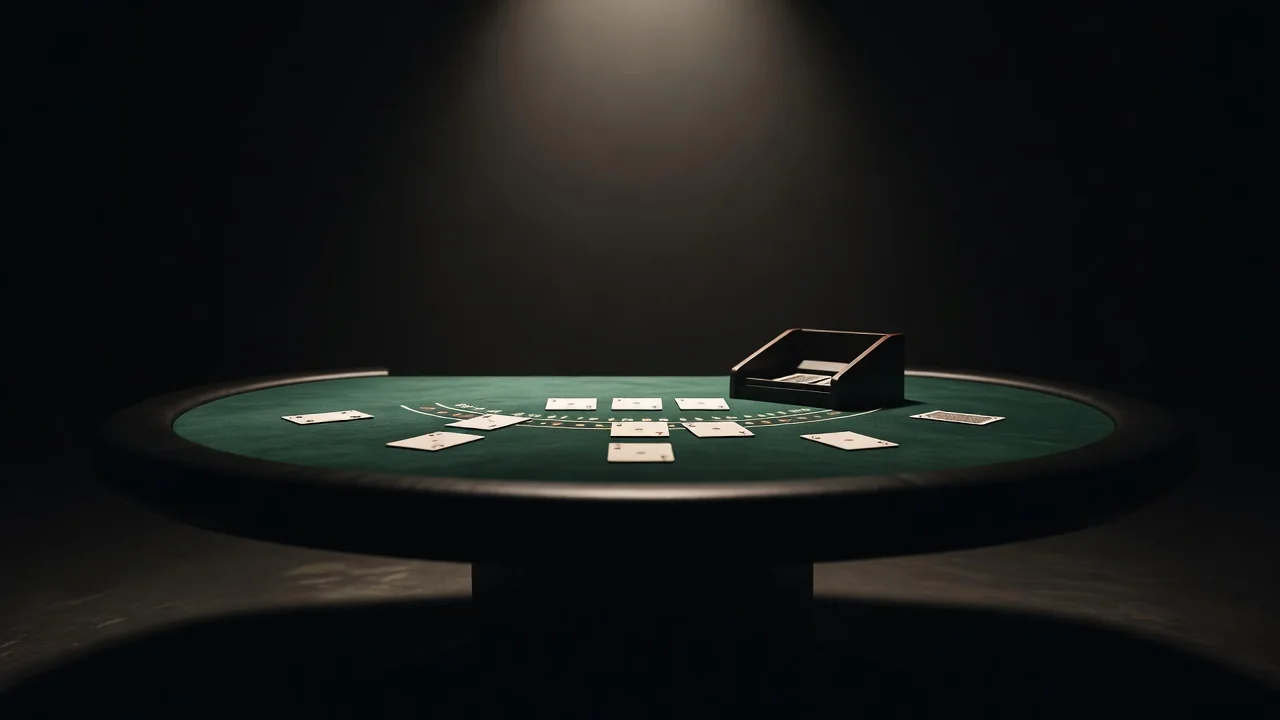 Stół do blackjacka z kartami i butem krupierskim w świetle studia