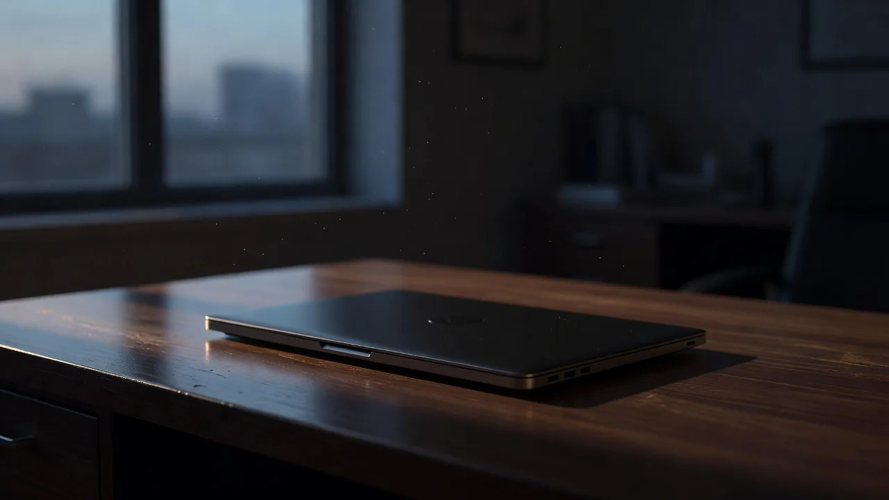 Zamknięty laptop na biurku o zmierzchu