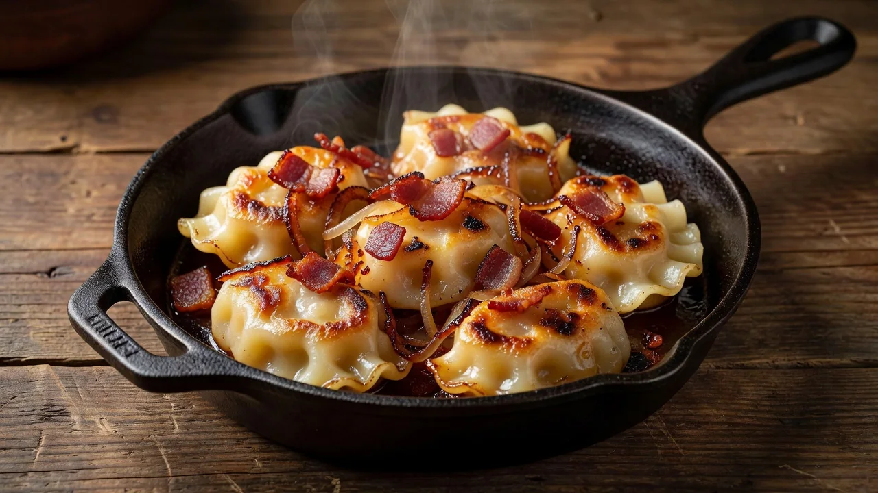 Pierogi podsmażone z boczkiem i cebulą