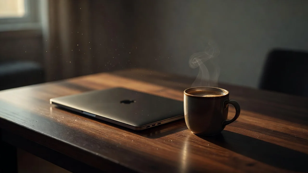 Laptop i kubek kawy na stole w porannym świetle