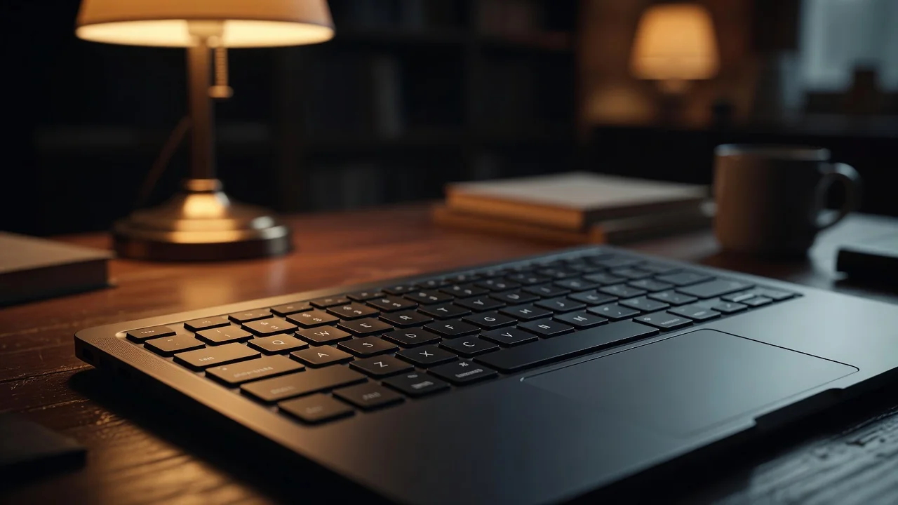 Klawiatura laptopa w ciepłym świetle domowego biurka
