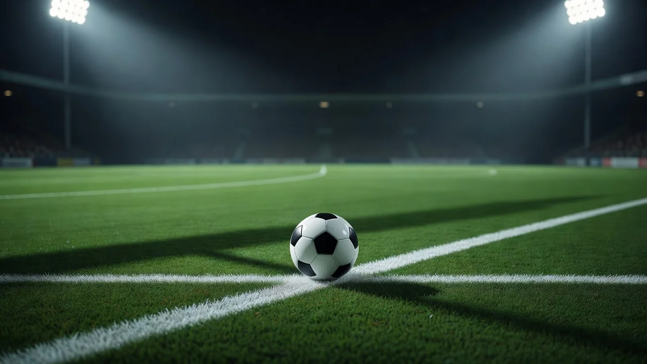 Piłka nożna na linii boiska w świetle stadionowych reflektorów