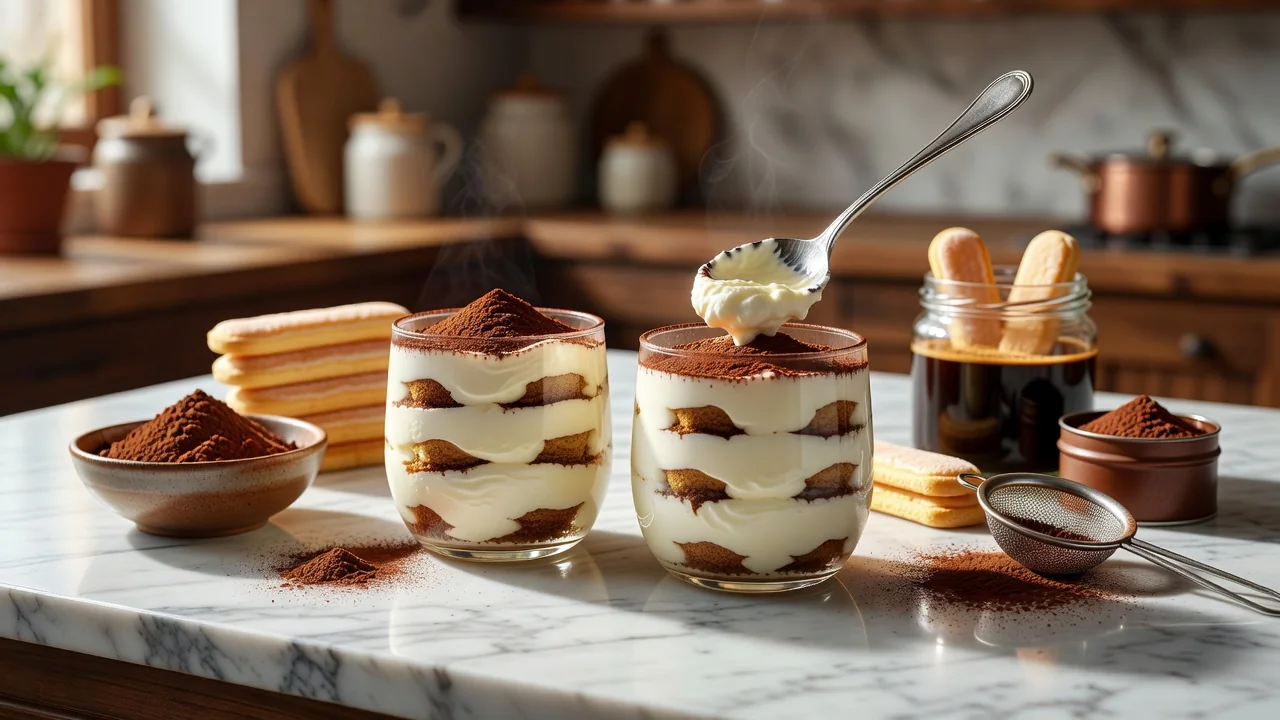 Przygotowanie tiramisu — warstwy kremu mascarpone i kakao
