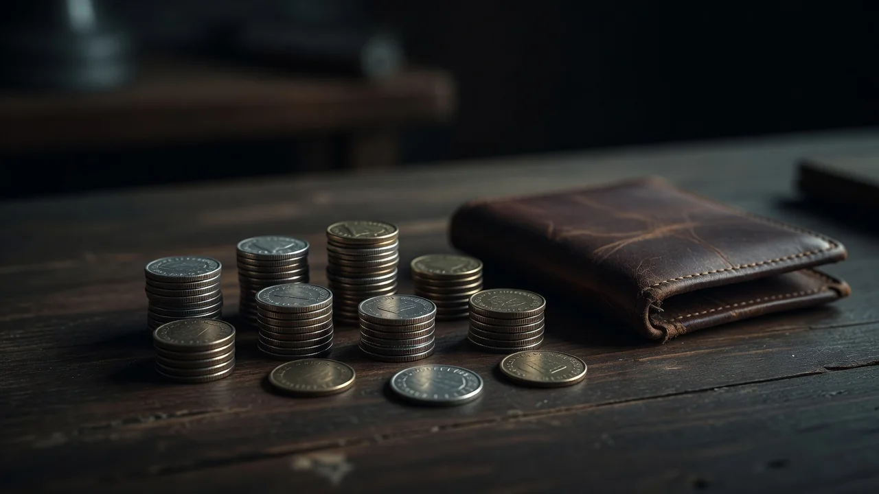 Monety ułożone w równe stosiki obok portfela na stole