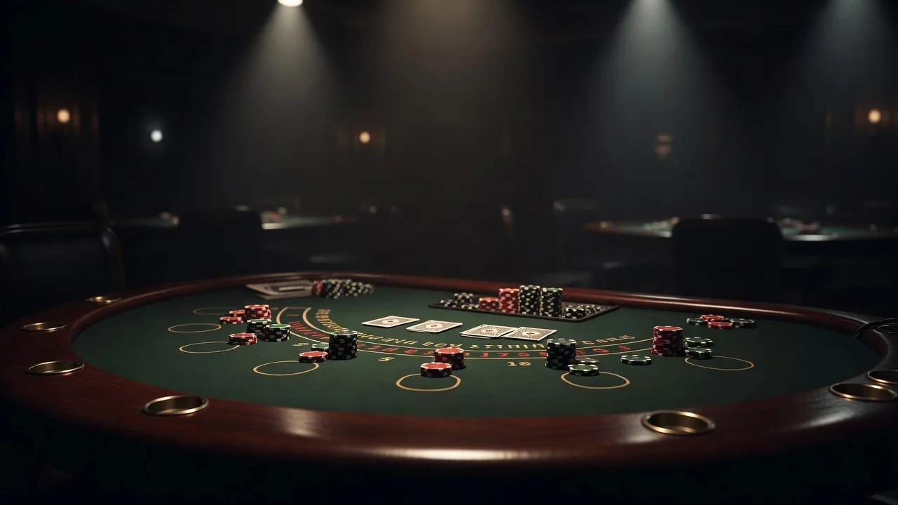 Stół do blackjacka z kartami i żetonami w studiu
