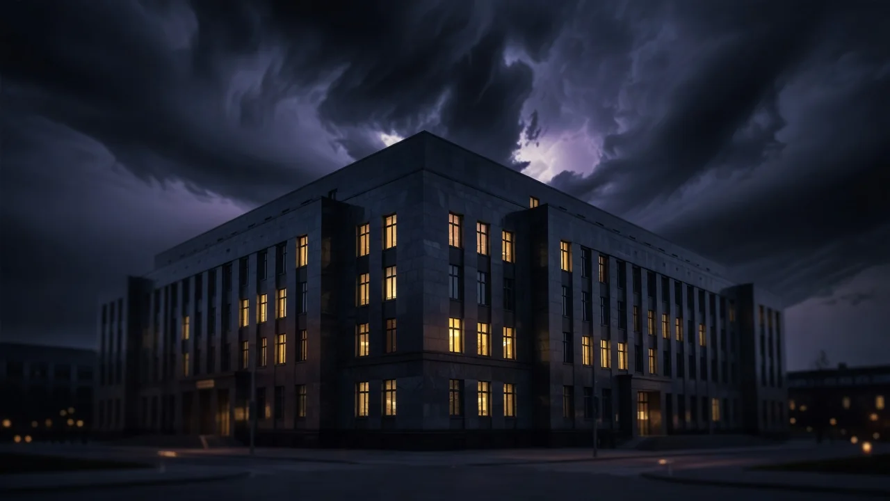 Budynek urzędu nocą z oświetlonymi oknami