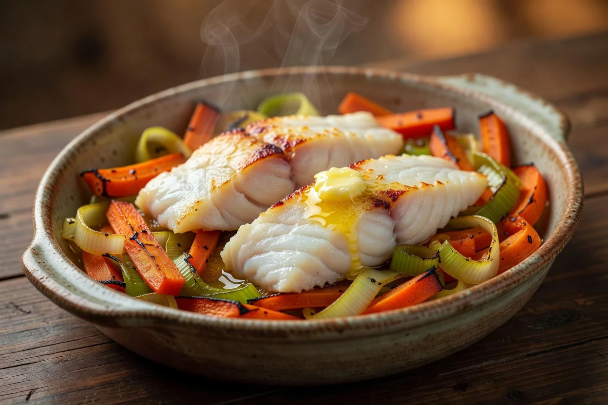 Pieczona ryba z warzywnym risotto